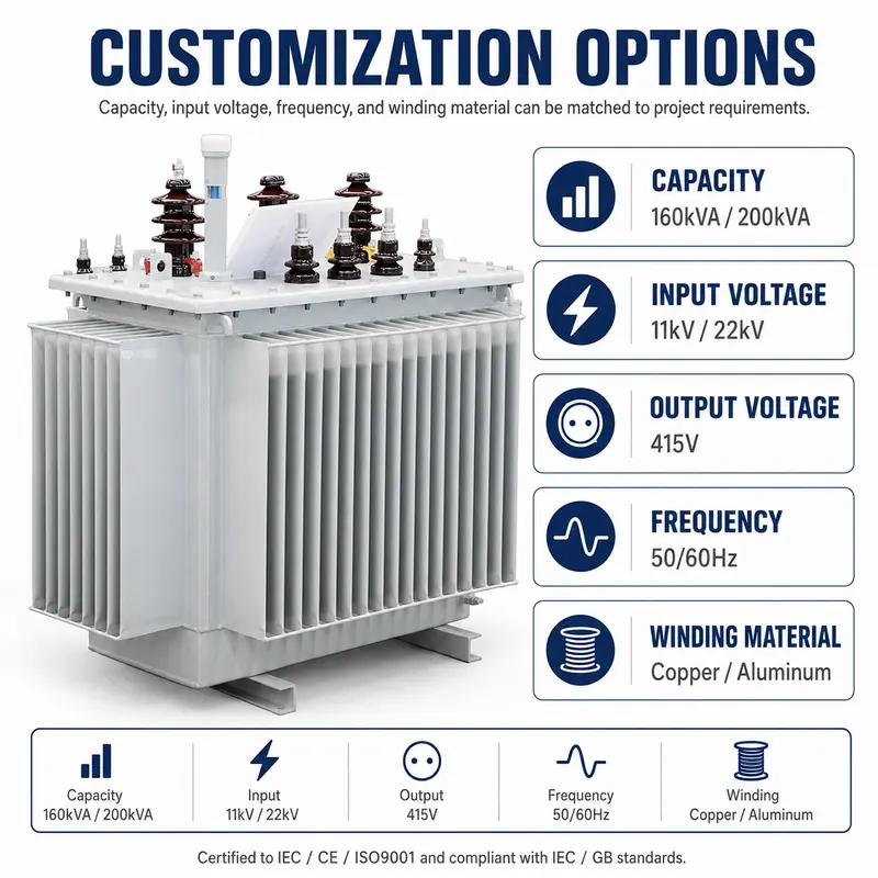 160kVA & 200kVA 11/22kV to 415V Three-Phase Oil-Immersed Distribution Transformer — customisation options