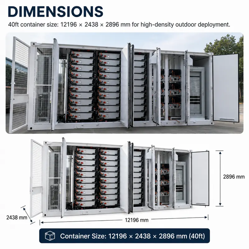 20ft/40ft Containerized Energy Storage System (1–5MWh, Liquid-Cooled BESS, IP67) — dimensions and layout