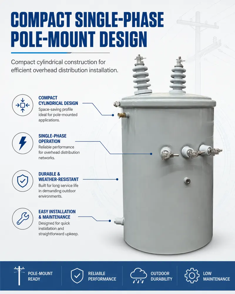 25/50/75/100kVA Single-Phase Pole-Mounted Oil Distribution Transformer — construction and materials detail