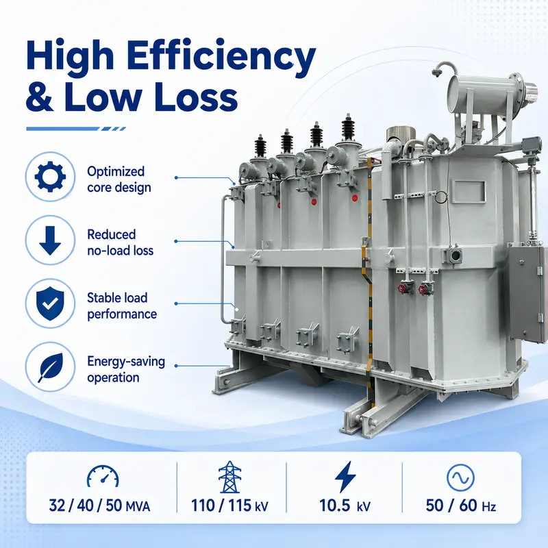 32 / 40 / 50 MVA Oil-Immersed Power Transformer 110–115 kV to 10.5 kV — construction and materials detail