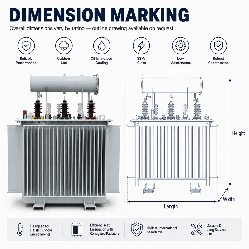 33kV 1250kVA & 1600kVA Three-Phase Outdoor Oil-Immersed Power Transformer (Copper) — dimensions and layout
