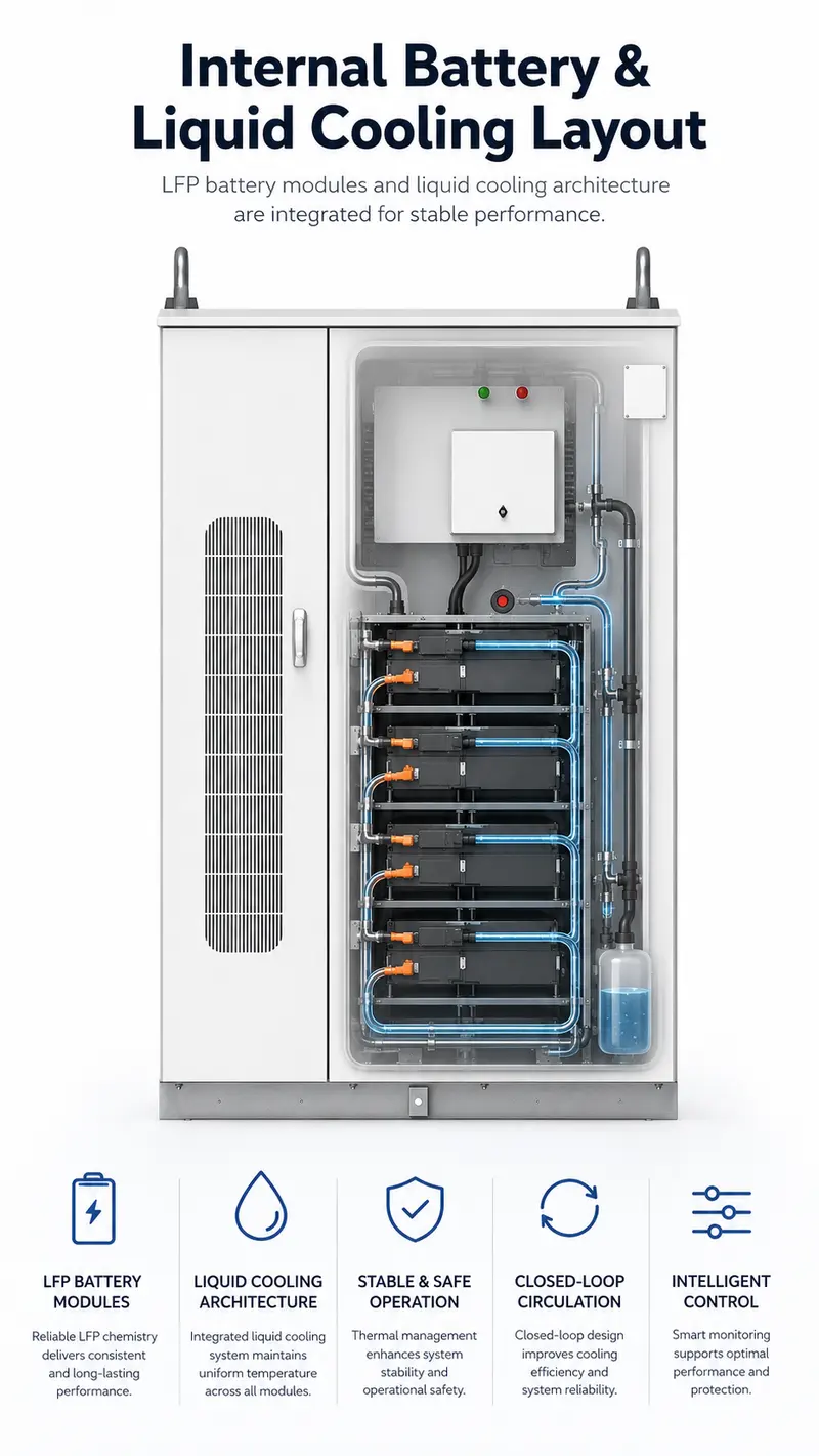 372kWh Liquid-Cooled Outdoor Cabinet — Integrated Lithium Battery Energy Storage System — internal structure