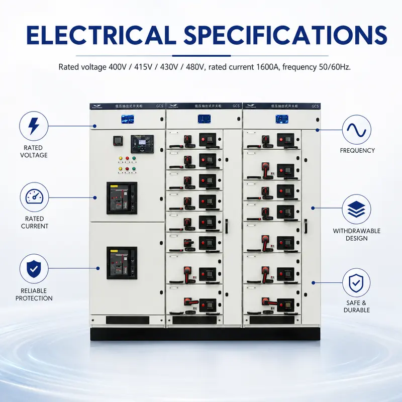400–480V Low Voltage Power Distribution Switchgear Panel (1600A, IP65, Galvanized Steel) — specification and nameplate detail