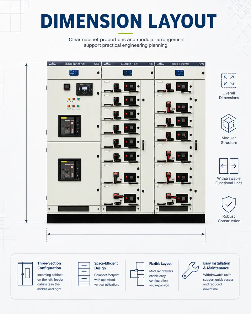 400–480V Low Voltage Power Distribution Switchgear Panel (1600A, IP65, Galvanized Steel) — dimensions and layout