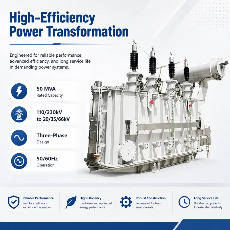 50 MVA Oil-Immersed Power Transformer 110–230 kV for Solar Power — construction and materials detail