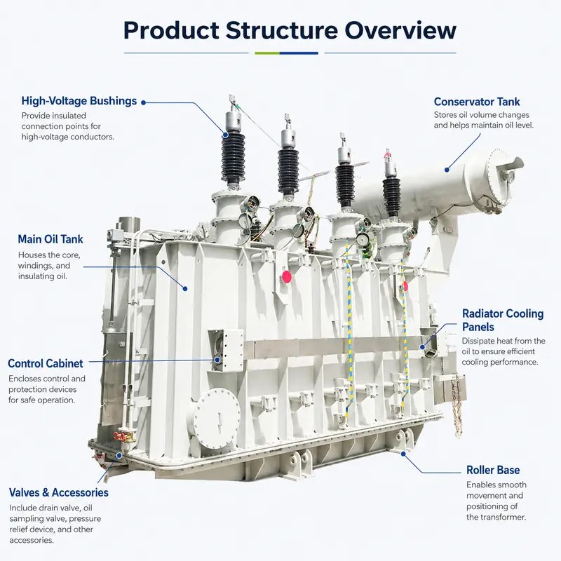 50 MVA Oil-Immersed Power Transformer 110–230 kV for Solar Power — dimensions and layout