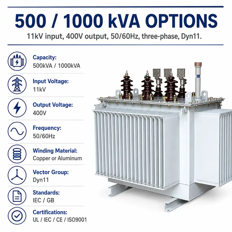 500kVA & 1000kVA 11kV/400V Three-Phase Oil-Immersed Distribution Transformer — specification and nameplate detail