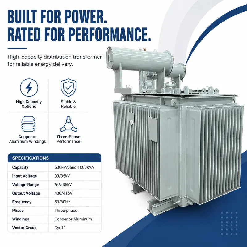 500kVA & 1000kVA MV/HV Three-Phase Oil-Immersed Distribution Transformer (6kV–35kV) — specification and nameplate detail
