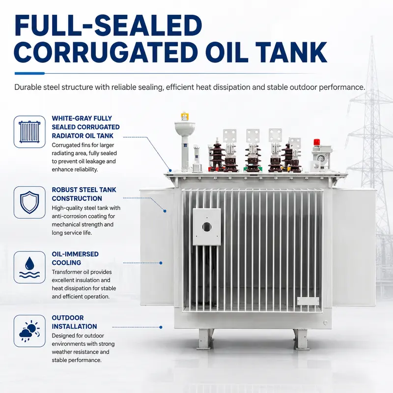 630kVA–1250kVA 10kV/400V Three-Phase Oil-Immersed Distribution Transformer — tank and radiator detail