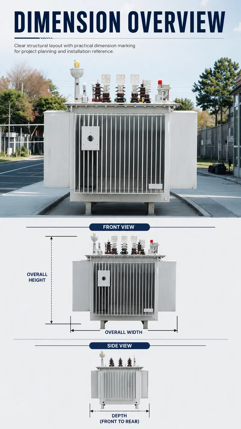 630kVA–1250kVA 10kV/400V Three-Phase Oil-Immersed Distribution Transformer — dimensions and layout