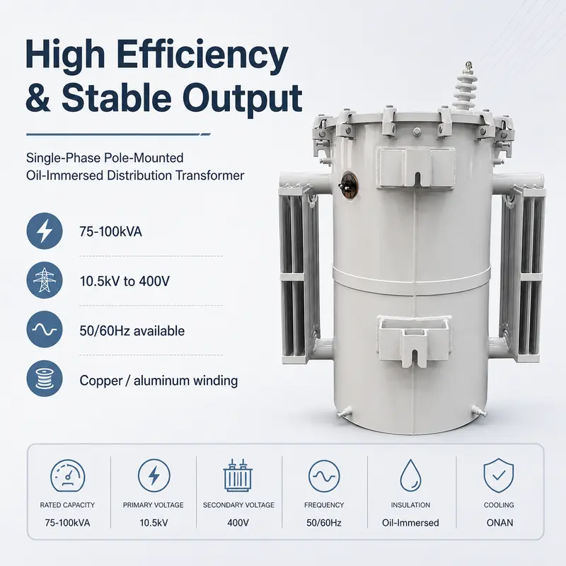 75 kVA & 100 kVA Single-Phase Oil-Filled Pole-Mounted Transformer — specification and nameplate detail