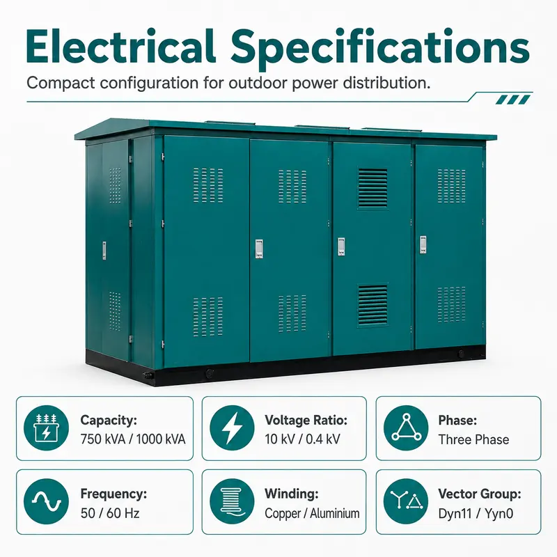 750 / 1000 kVA 10/0.4 kV Compact Box-type Substation — specification and nameplate detail