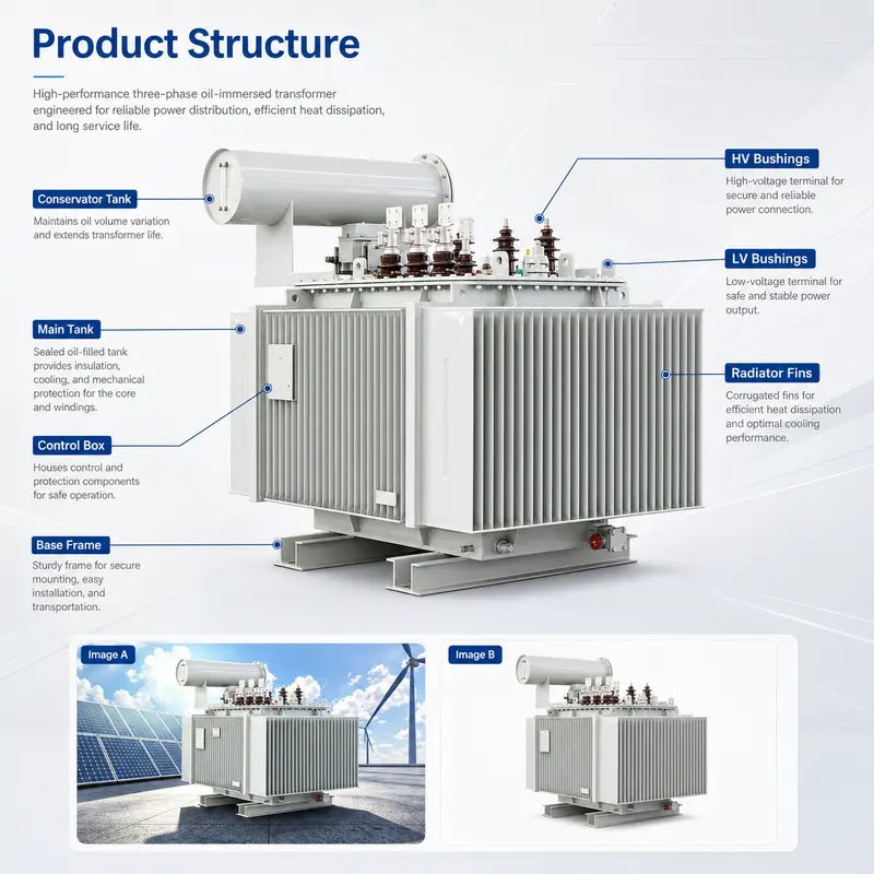 800/1600kVA 11kV/440V Three-Phase Oil-Immersed Step-Down Transformer — dimensions and layout