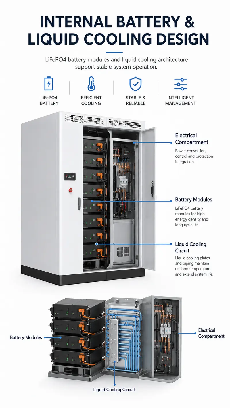90kW / 266kWh Outdoor All-in-One Liquid-Cooled Energy Storage Cabinet — internal structure