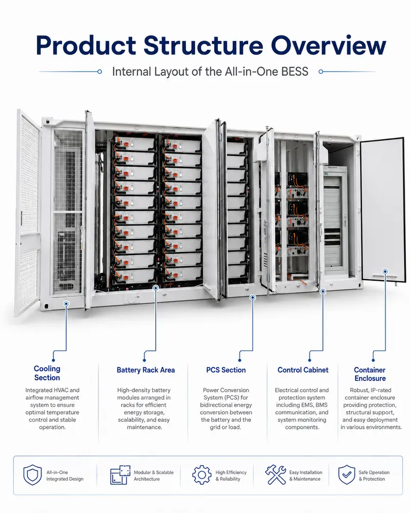 All-in-One Containerized BESS for Solar Farms (1000kWh–5MWh, Liquid-Cooled, IP67) — dimensions and layout