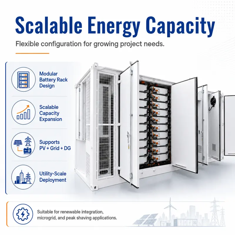 Battery-BMS-PCS Integrated LiFePO4 ESS, 500kWh–5MWh (Liquid-Cooled, IP67) — specification and nameplate detail