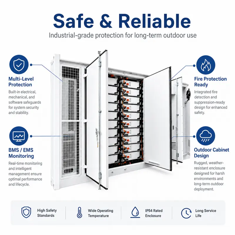 BESS LiFePO4 Battery Container, 1MWh–10MWh (Liquid-Cooled, IP67) — safety and protection features
