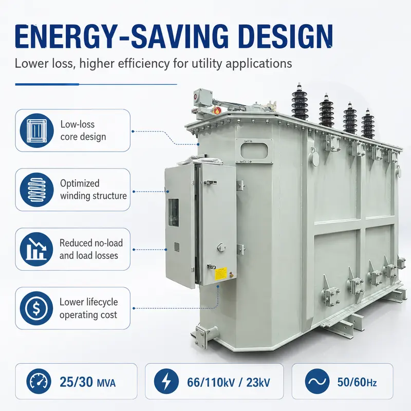 Energy-Saving 25 / 30 MVA Oil-Immersed Power Transformer 66–110 kV — construction and materials detail