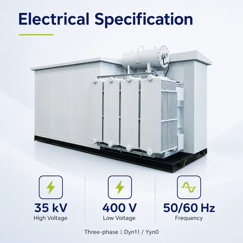 Hua-style Photovoltaic Boost Prefabricated Substation (35/0.4 kV) — specification and nameplate detail