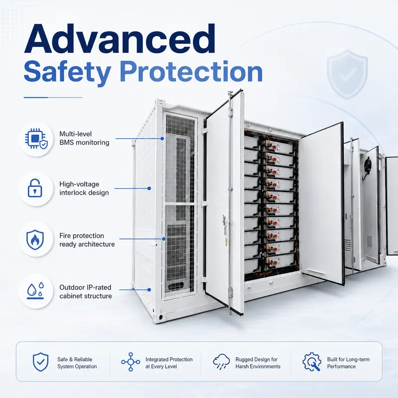 LiFePO4 Containerized BESS, 1MWh–6MWh / 1000kW (Liquid-Cooled, IP67) — safety and protection features