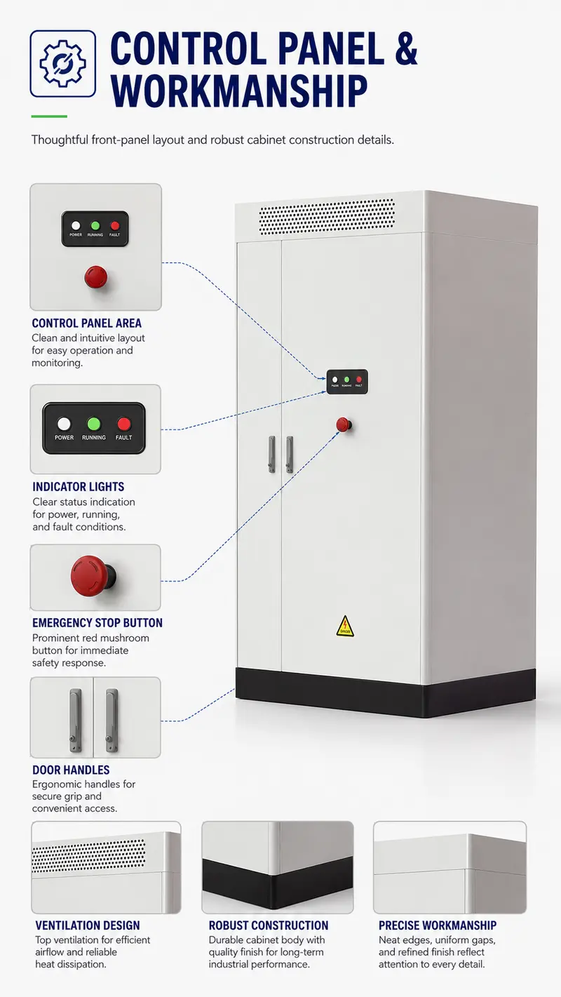 Liquid-Cooled Lithium Battery Energy Storage System — Static Diesel-Hybrid Integrated Cabinet — workmanship detail