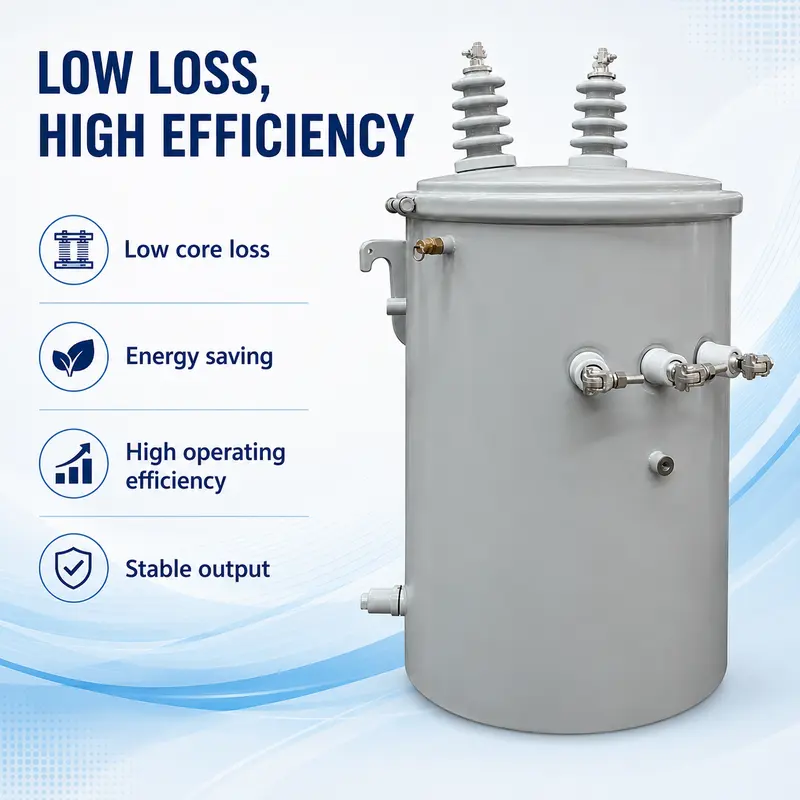 Low-Loss Single-Phase Pole-Mounted Distribution Transformer 100 kVA (13.8 kV) — typical application