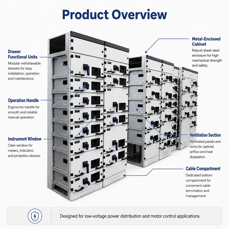 Low Voltage GCS Withdrawable Switchgear, 1kV / 630A (Indoor, IP65, Energy Saving) — dimensions and layout