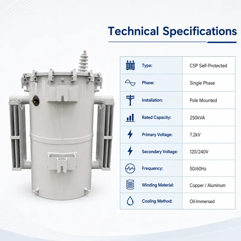 Oil-Filled 250 kVA CSP Single-Phase Pole-Mounted Distribution Transformer — internal structure