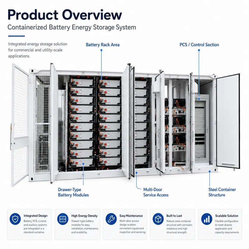 Outdoor 20ft/40ft Battery Container ESS (1–5MWh, Liquid-Cooled, IP67) — dimensions and layout