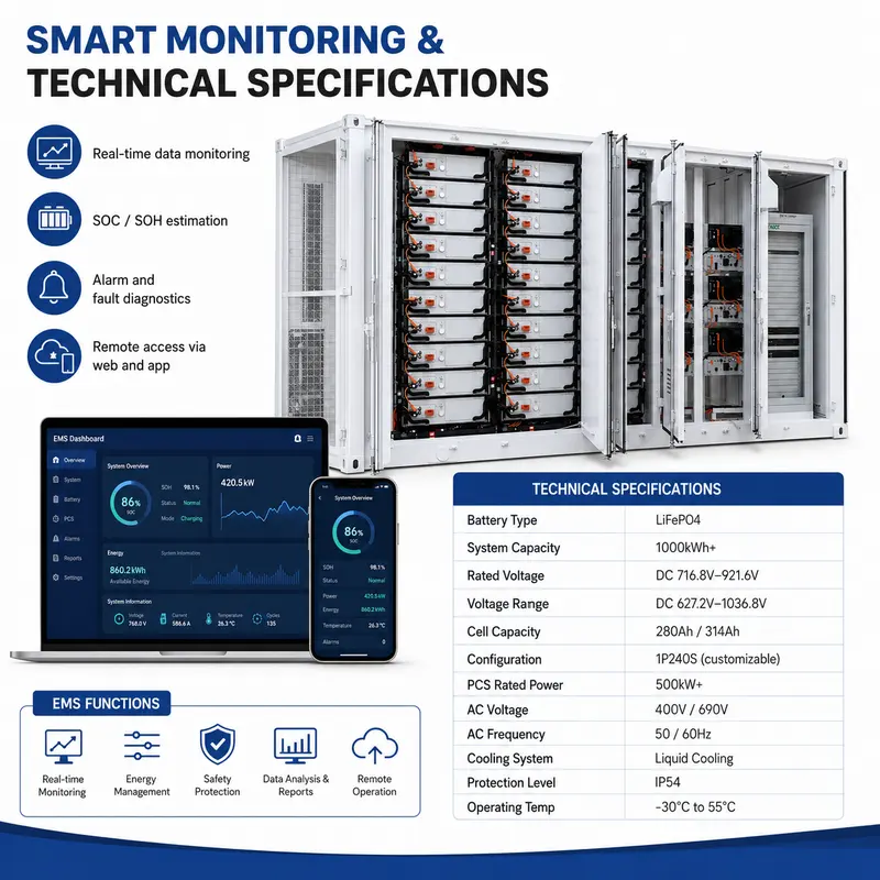 Outdoor BESS 20FT Container, 1MW / 500kWh–1000kWh (Liquid-Cooled, IP67) — customisation options