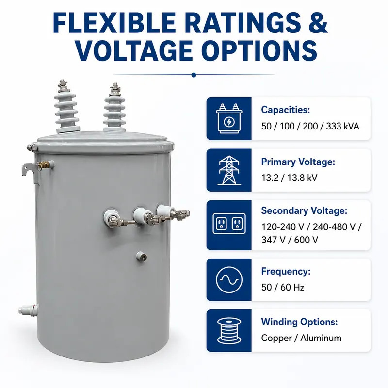 Outdoor Single-Phase Pole-Mounted Oil Transformer 50–333 kVA (13.2–13.8 kV) — specification and nameplate detail