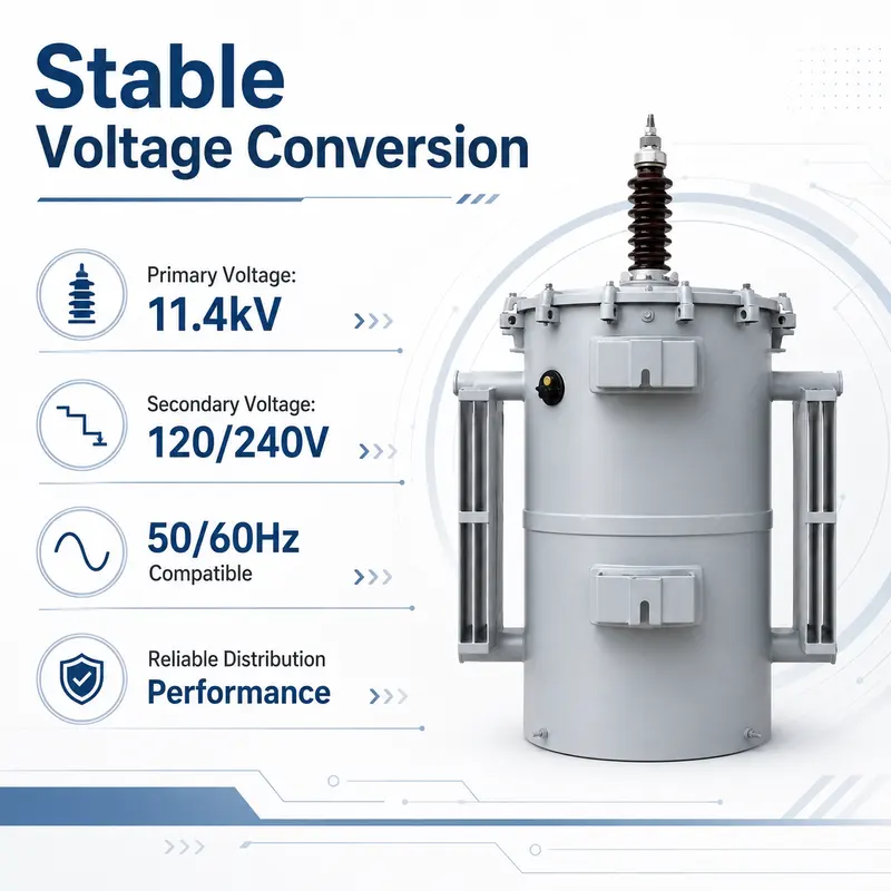 Single-Phase 25–100 kVA Pole-Mounted Transformer (11.4 kV / 120–240 V) — typical application