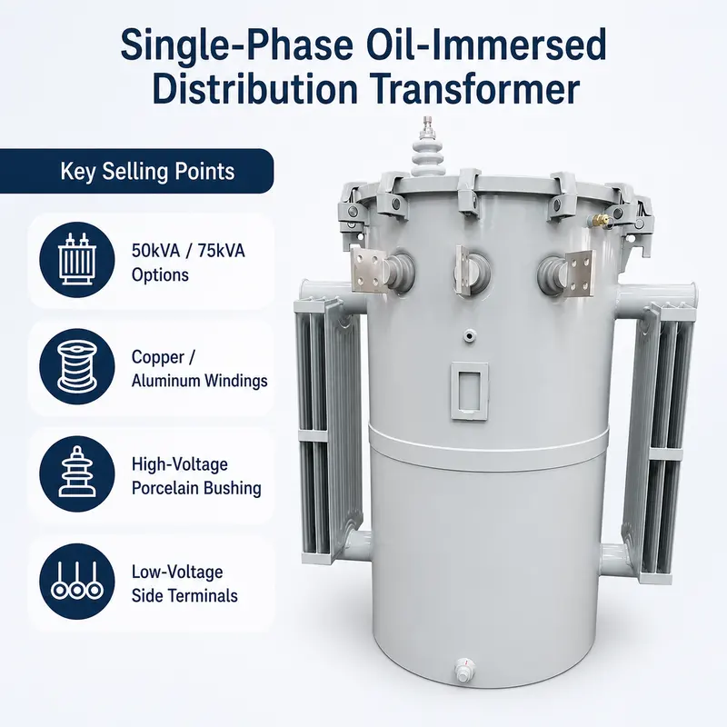 Single-Phase 50 kVA & 75 kVA Pole-Mounted Distribution Transformer (13.2 kV) — specification and nameplate detail
