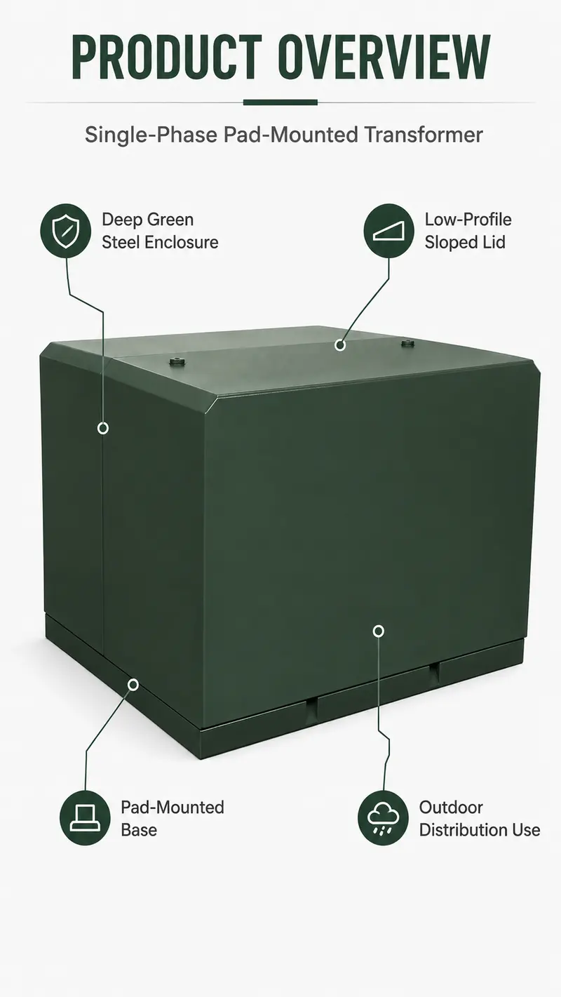 Single-Phase Pad-Mounted Transformer — 220V/400V, Energy-Saving, USA/Canada Standard — dimensions and layout
