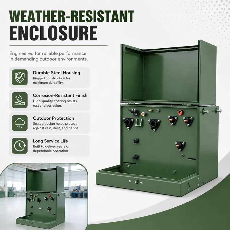 Single-Phase Pad-Mounted Transformer, 37.5–167kVA (12.47/34.5kV to 120/240V) — safety and protection features
