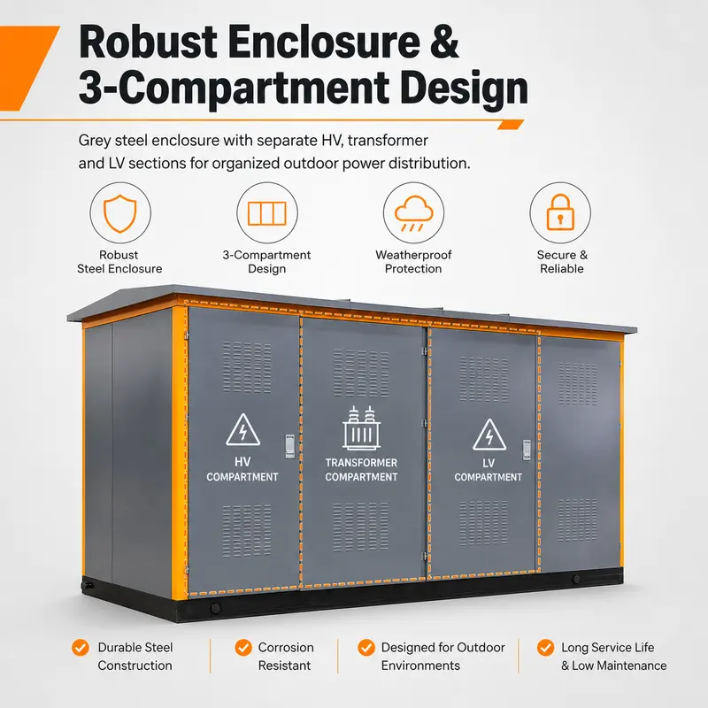 Three Phase 11–36 kV Compact Package Substation — construction and materials detail