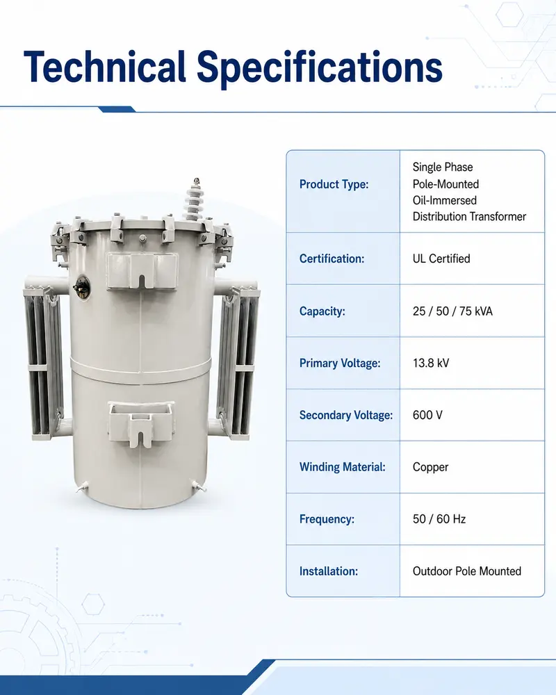 UL-Certified Single-Phase Pole-Mounted Transformer 25 / 50 / 75 kVA (13.8 kV) — internal structure