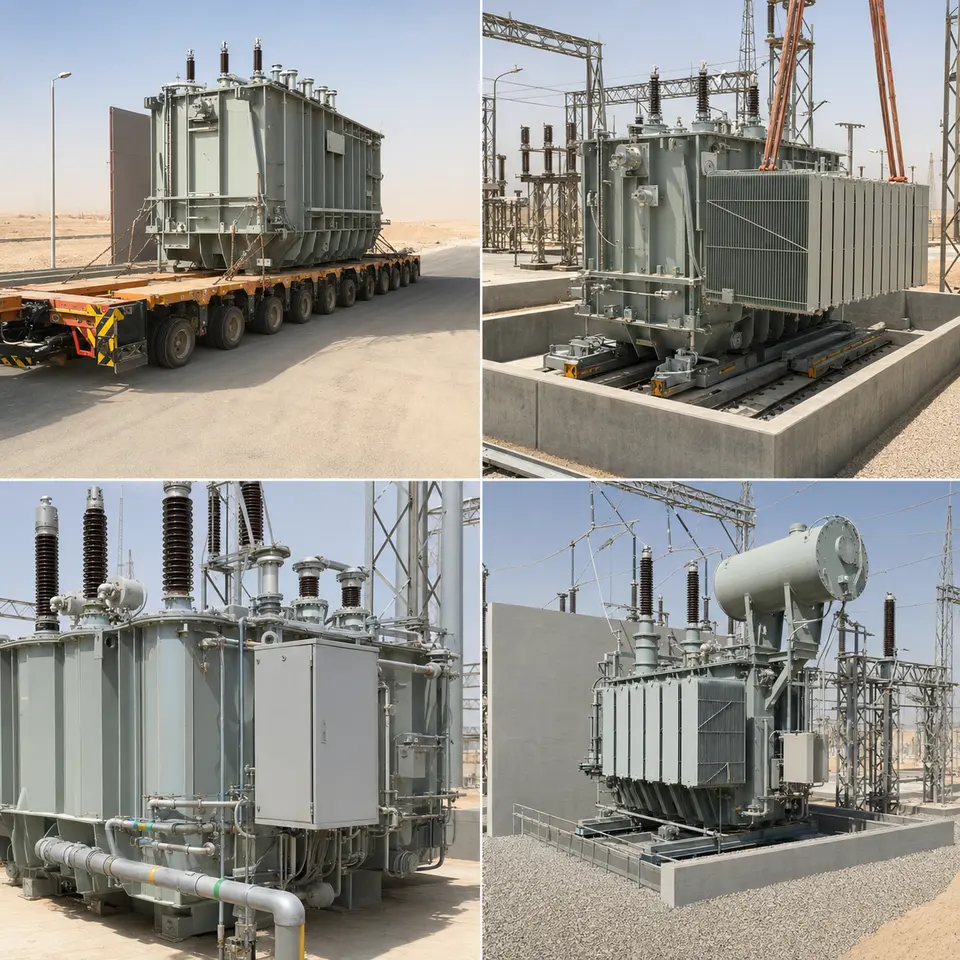 Contact sheet showing four stages of a grid transformer installation: heavy transport, radiator assembly and placement, bushing and auxiliary work, completed bay