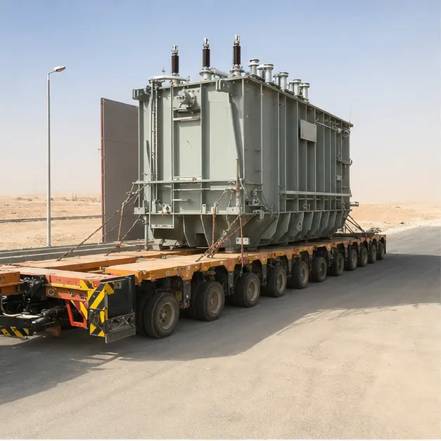 Large oil-immersed power transformer secured on a multi-axle trailer travelling on a desert road