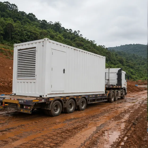 Containerized prefabricated substation being transported on a truck along a wet mine access road