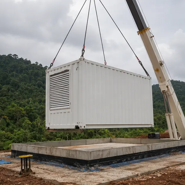 Crane lifting a substation container onto a raised concrete foundation at a mine site