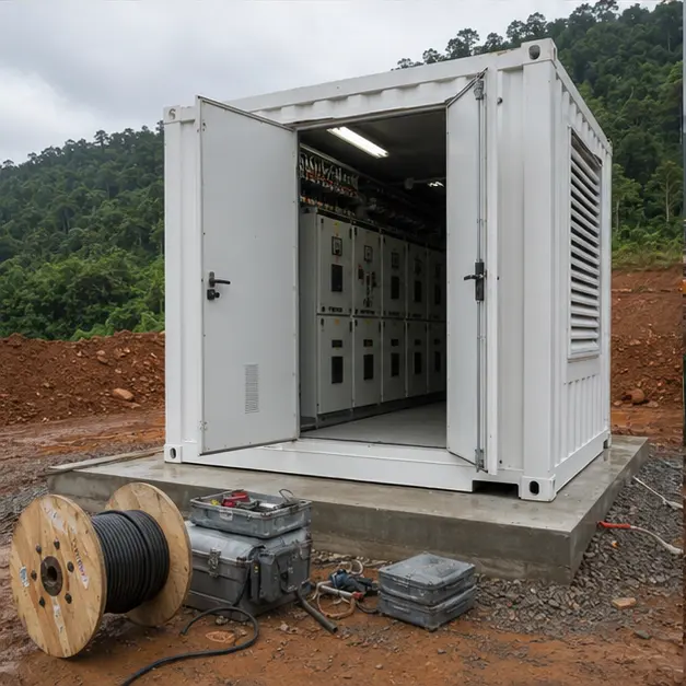 Technicians terminating cables and working on medium-voltage switchgear inside a substation container