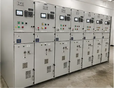 Low-voltage switchgear panels with circuit breakers installed and cabled