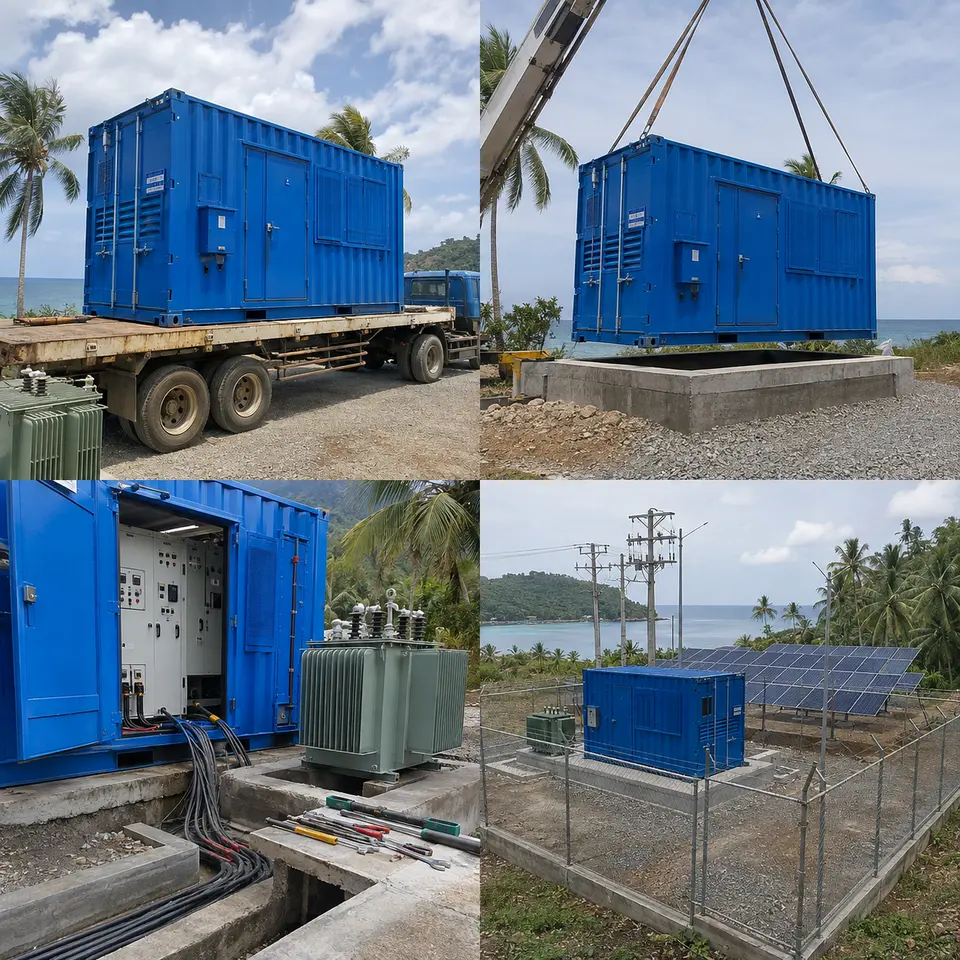 Contact sheet showing four stages of a microgrid substation installation: delivery, raised pad placement, switchgear and cable work, completed site