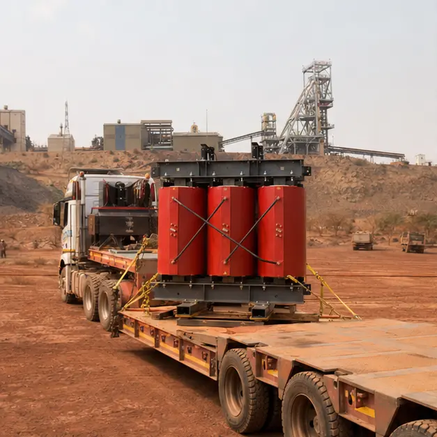 Cast-resin dry-type transformer secured on a heavy transport trailer arriving at a mine surface plant